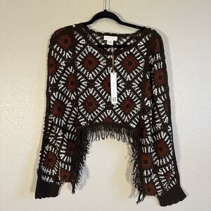 House of Harlow 1960  Crochet Fringe One Size Cropped Poncho Sleeves Hippie Boho